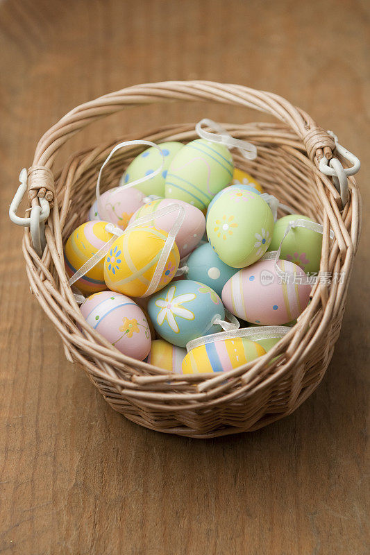 装着复活节彩蛋的篮子放在旧木桌上