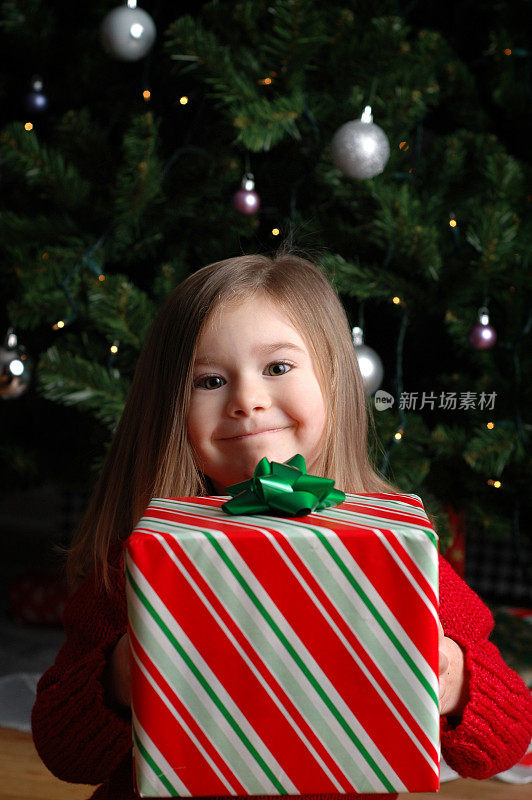 小女孩微笑着与圣诞树的圣诞礼物