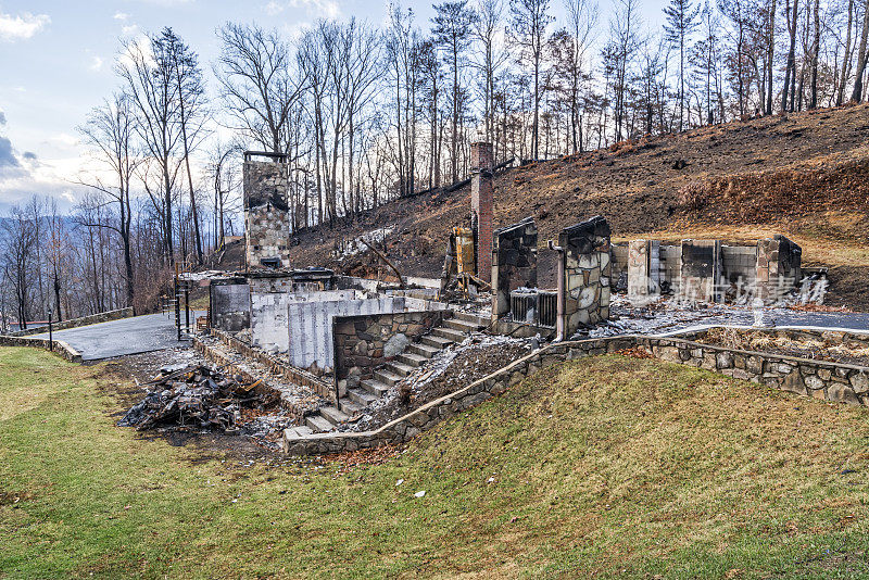 森林大火后的破坏烧毁了家园