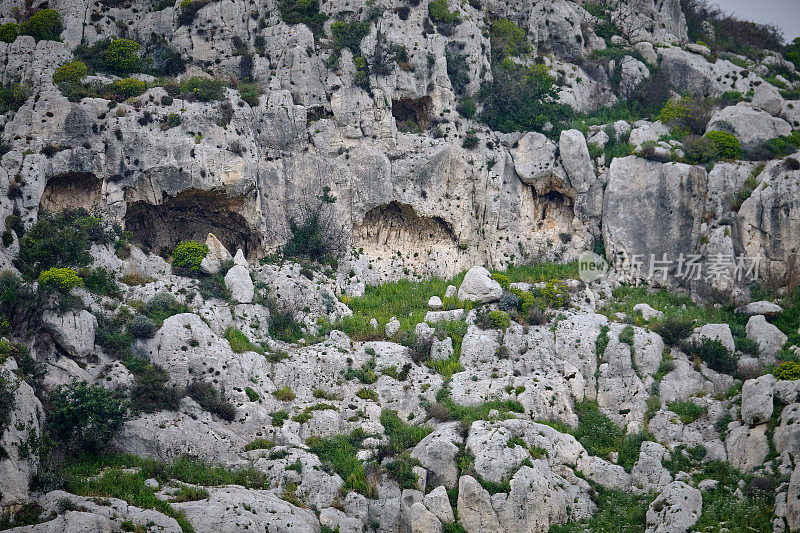 山坡，白色的石头和植被在黄昏