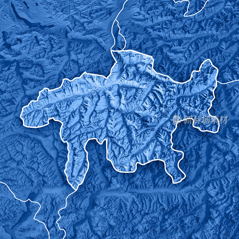 Graubünden瑞士坎顿3D渲染地形图蓝色边界