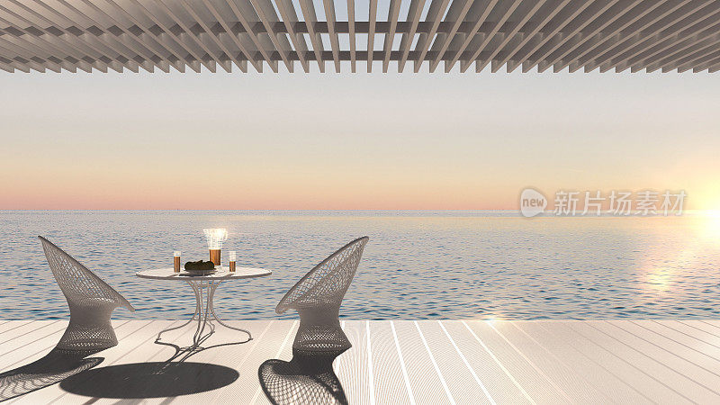极简的现代露台与休闲区，扶手椅和桌子的早餐，全景海洋，日落日出