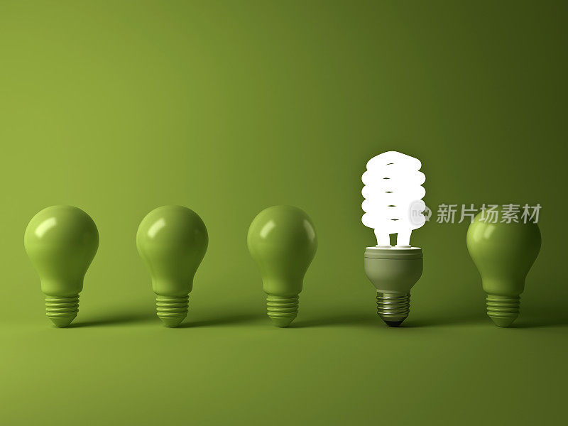 环保节能灯泡，一个发光的紧凑型荧光灯灯泡从未点亮的白炽灯反射在绿色的背景，个性和不同的概念