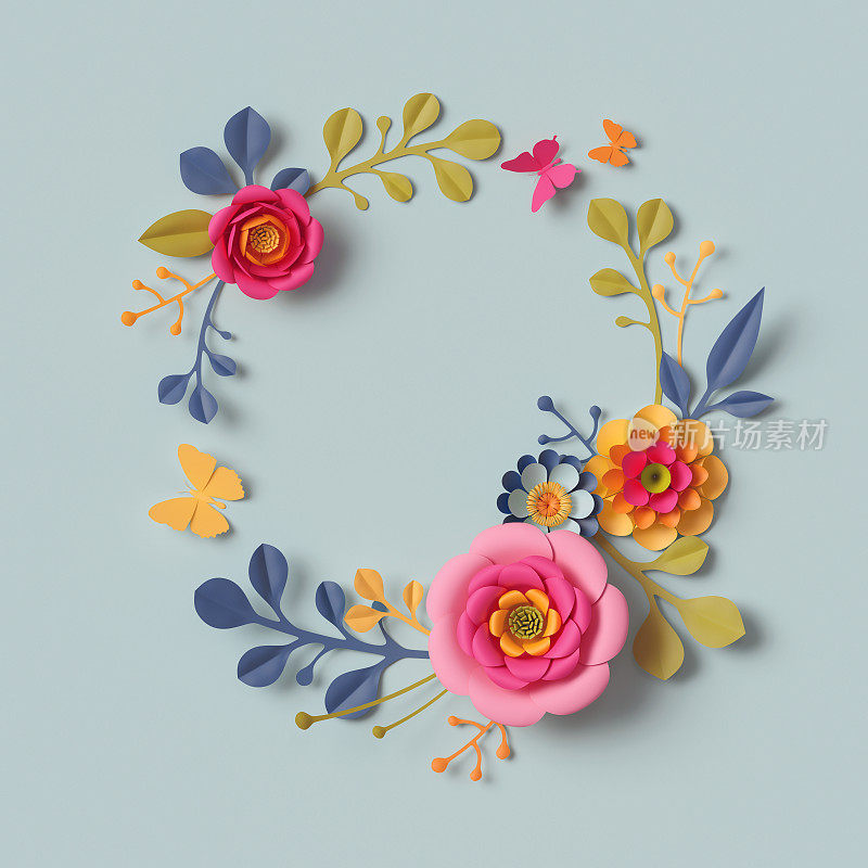 3d渲染，工艺纸花，秋圆花环，节日花束，植物的安排，明亮的糖果颜色，自然剪辑艺术孤立在天蓝色的背景，装饰点缀