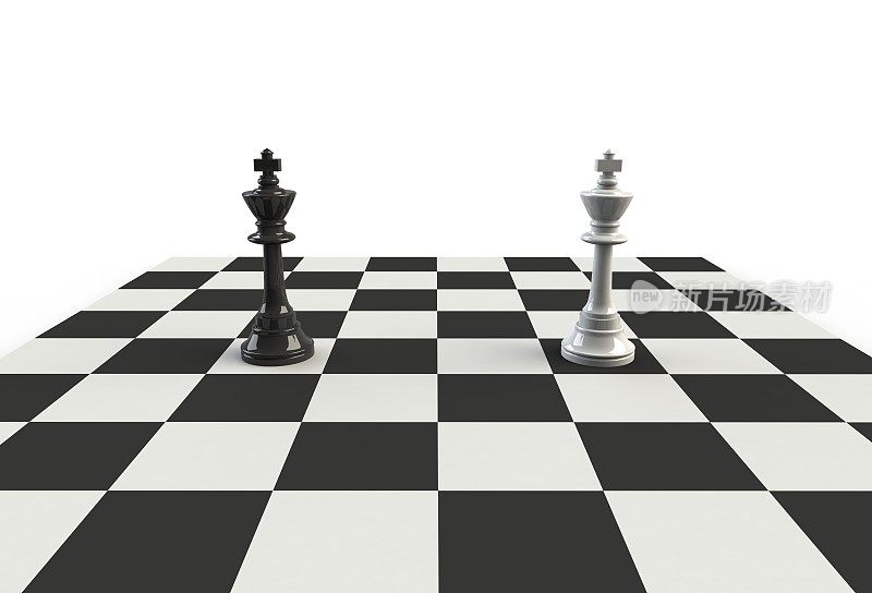 棋王在棋盘上以白色为背景，3D渲染