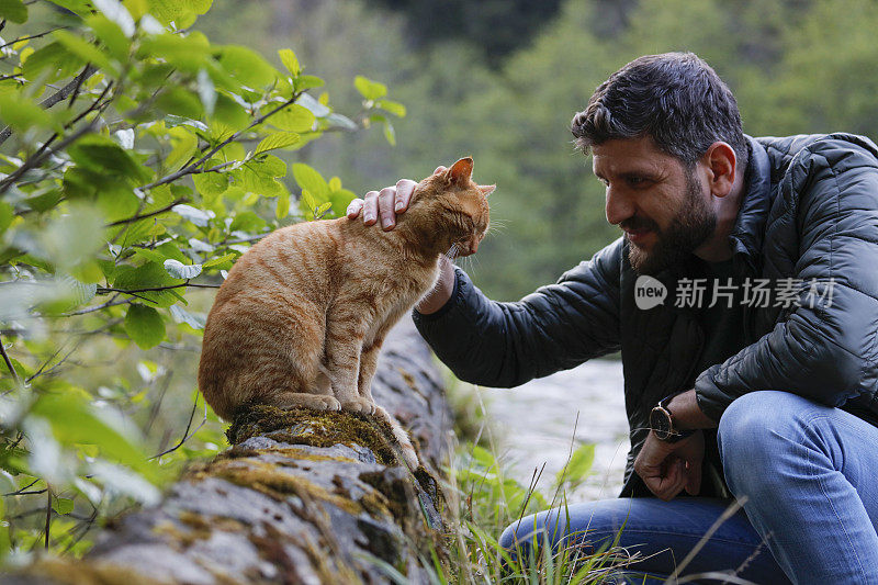 男人抚摸着猫的头