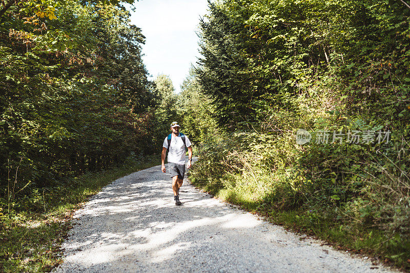 一个背着背包的男人沿着森林道路徒步旅行