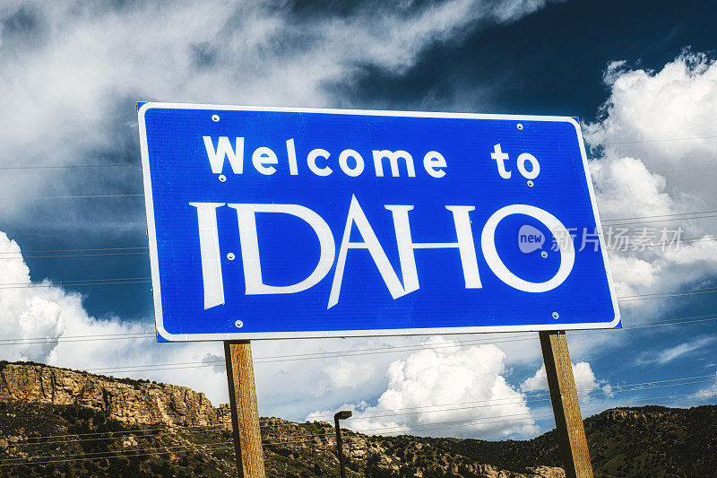 欢迎标志，州边界，爱达荷州和犹他州，美国