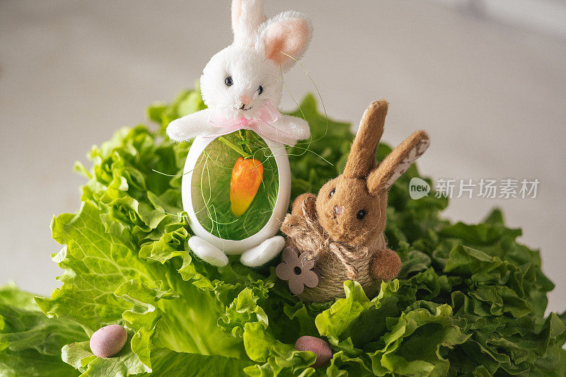 复活节兔子藏复活节蛋。庆祝复活节的节日气氛和装饰。