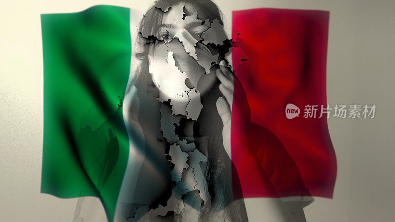 冠状病毒2019-nCov背景概念耐心地戴上意大利国旗覆盖的防护面具。
