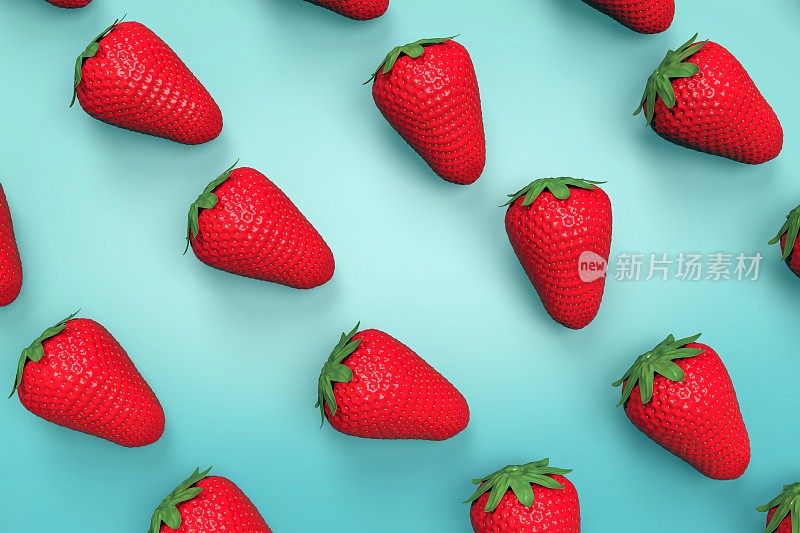 3d渲染草莓孤立在蓝色背景库存照片