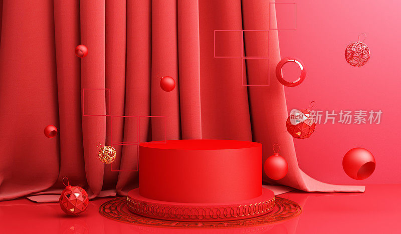 春节，金领奖台在红色抽象背景上展示几何形状的实体模型，窗帘产品简约呈现，3d渲染。