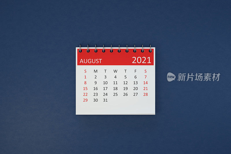 蓝色背景的2021年8月日历