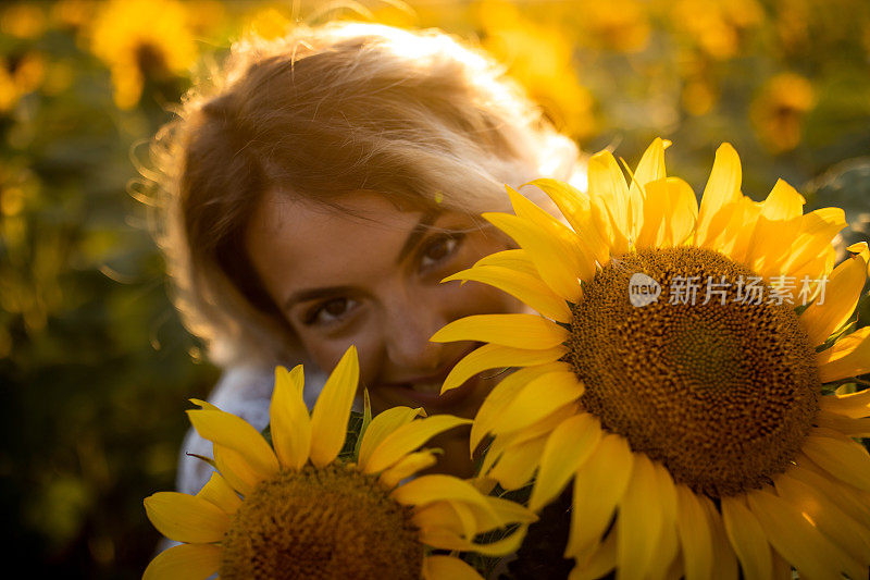 向日葵地里的顽皮女人