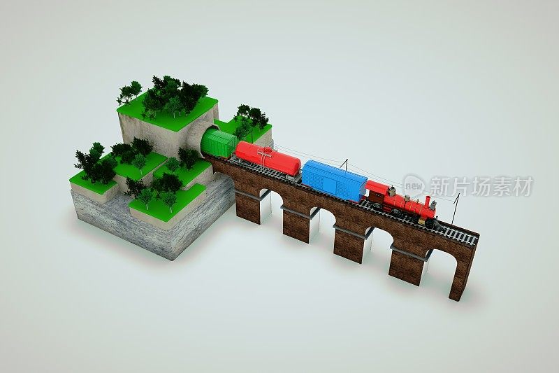 三维模型的火车与汽车离开隧道上的桥。桥上的火车。一列货运火车驶离隧道。白色背景上的孤立物体。