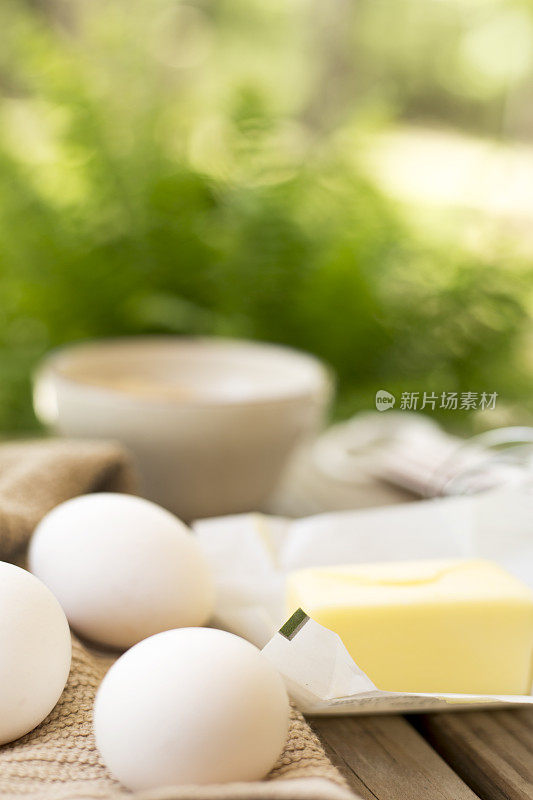 在户外烹饪。在春天，一家人在野餐桌上收集食材，一起享受户外烹饪的乐趣。