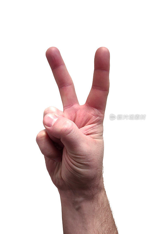 在白色的背景上，一个人的手显示着和平的标志