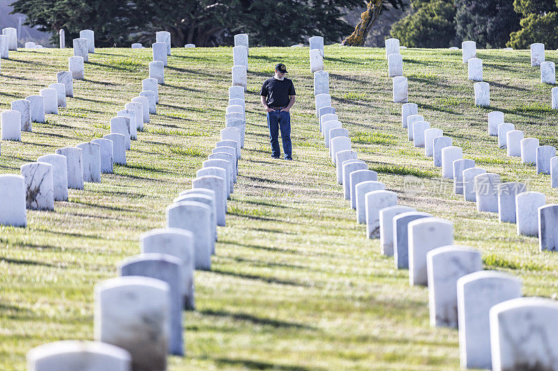 庄严的美国海军越南老兵漫步在军人公墓的墓碑之间