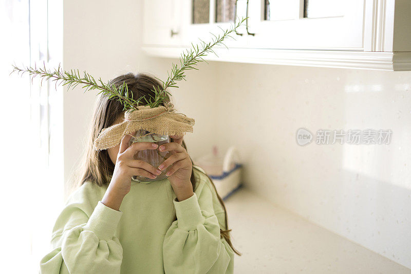 美丽的女孩又在罐子里发芽了迷迭香