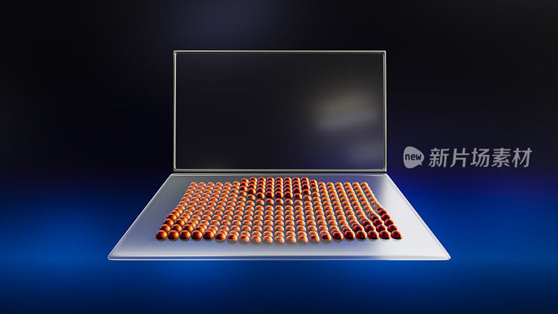 量子计算机笔记本电脑，紫色原子或量子和橙色键盘