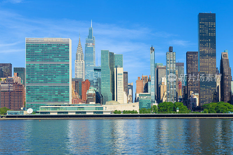 纽约市天际线与联合国大楼，克莱斯勒大厦和摩天大楼的曼哈顿东区，纽约，美国。