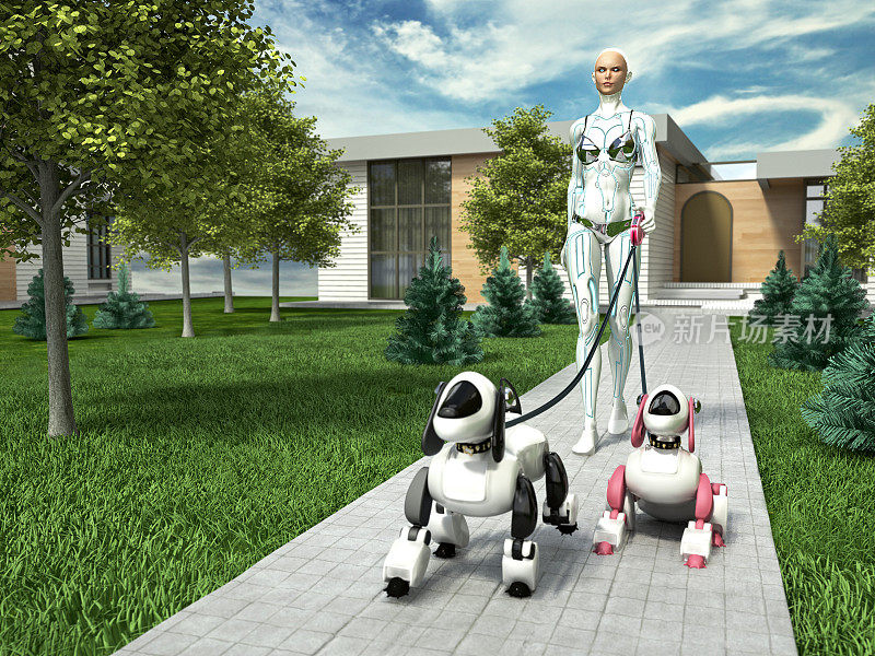 女性人形机器人在屋外遛机器狗