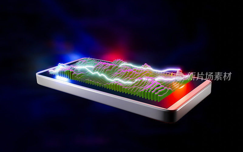 在电子调查过程中，智能手机屏幕上投影的彩色3D数据图