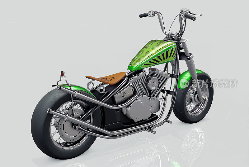 3D渲染图像的复古金属绿色定制摩托车在灰色背景