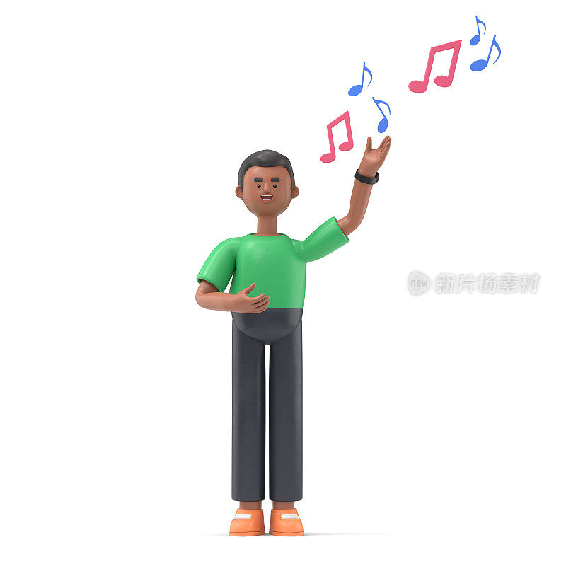 英俊的非洲人大卫歌手和笔记的3D插图。白色背景的3D渲染。
