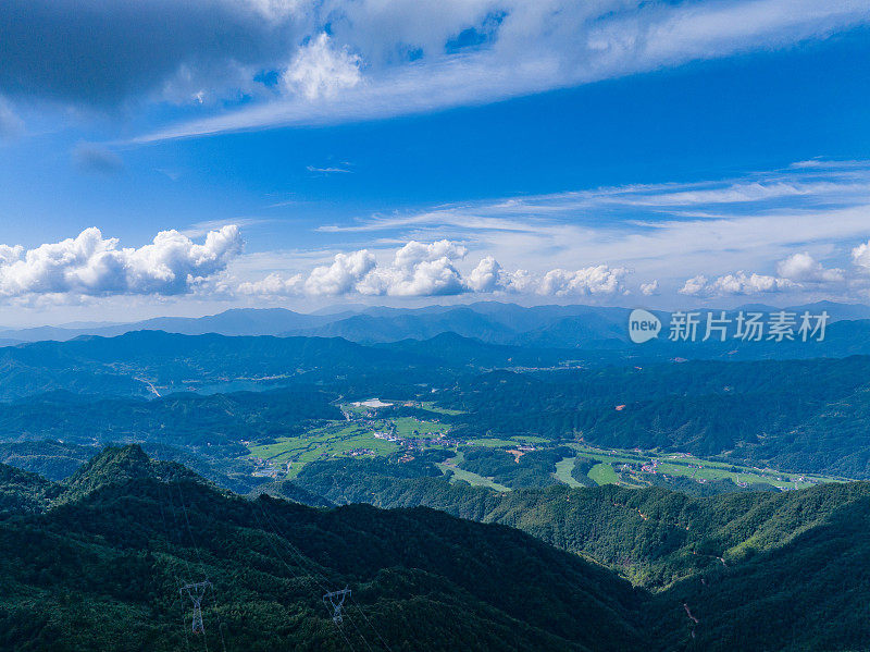 在蓝天白云的群山中俯瞰蜿蜒的道路