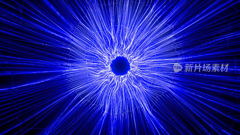 蓝色能量神奇高科技数字隧道框架，由未来能量线力场组成。抽象的背景