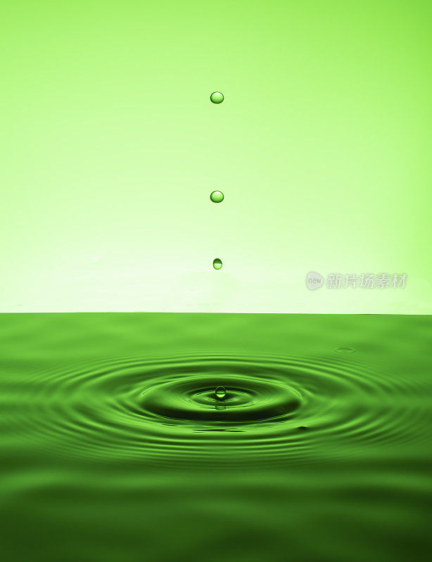 绿色背景与发散的圆圈从水滴表面的水