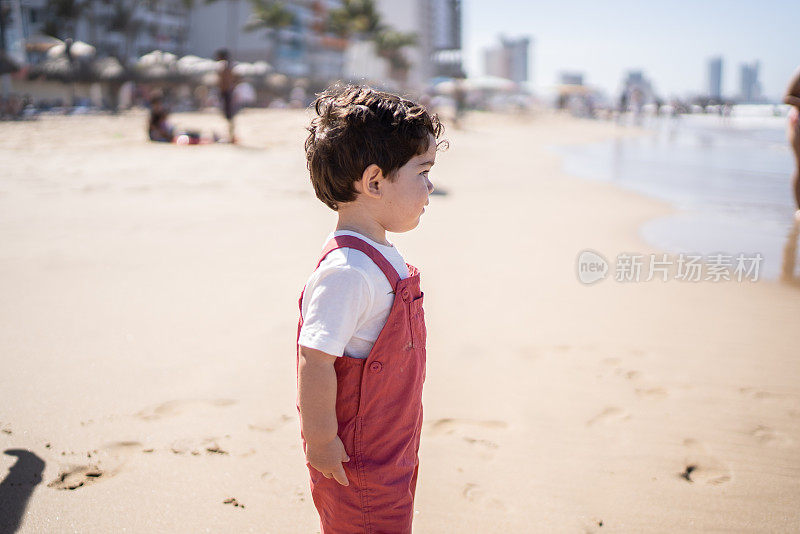 小男孩欣赏着海滩