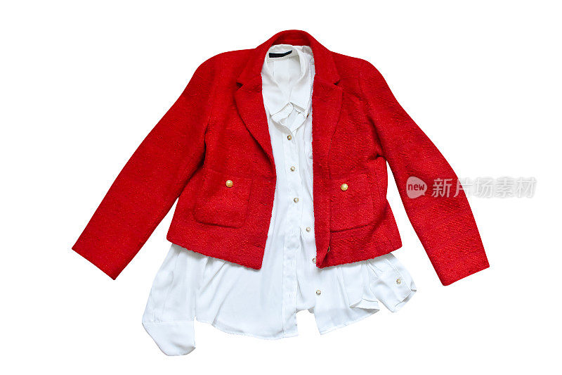 女式时尚白衬衫和红色夹克孤立在白色背景(剪裁路径)