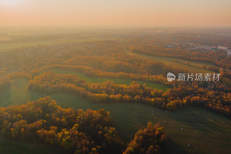 农业领域无人机摄影。可持续性。保护大自然。秋天的森林背景。阳光明媚的一天。日落。地球上空飞行。大气的格局。黄色的树。十月。乡间小路