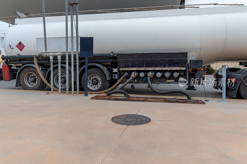 油罐车在一个服务站卸货，用两条软管连接，气体回收软管和接地电缆。