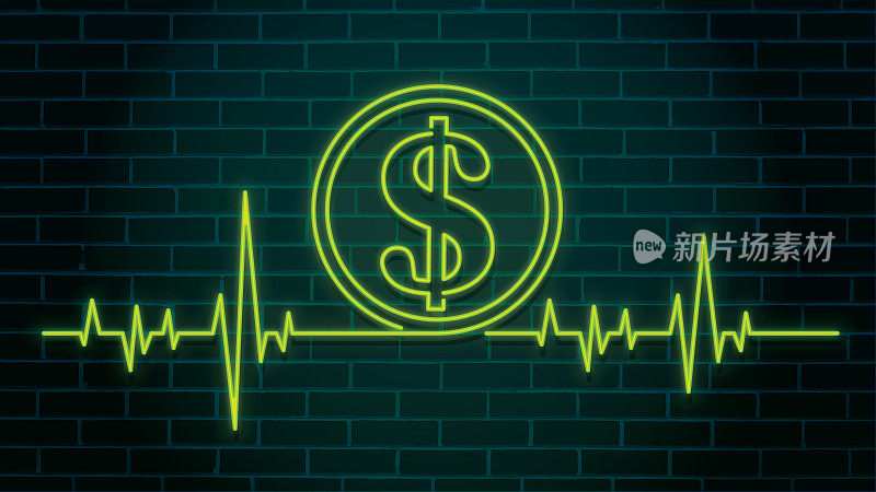 砖墙上的心跳脉冲形状的绿色霓虹灯美元标志