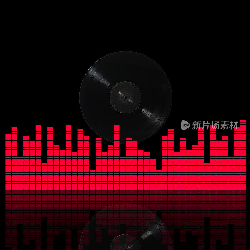 黑胶唱片与声音图形均衡器对黑色背景