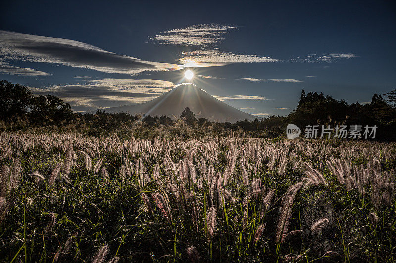 从富士宫市到富士山的晨曦中闪耀的延时摄影