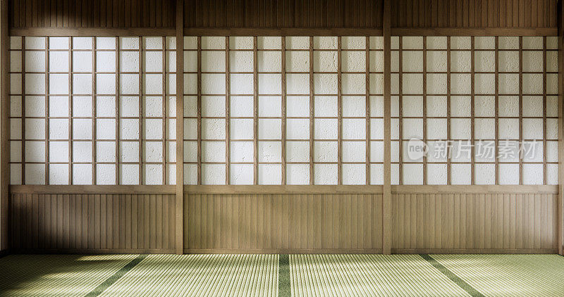 空客厅日本设计与榻榻米地板。三维渲染
