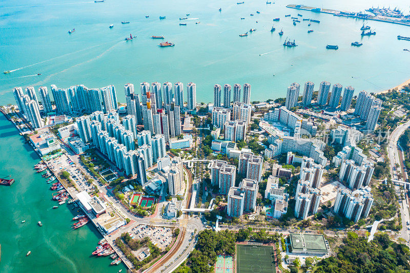 香港屯门市区的无人机景观