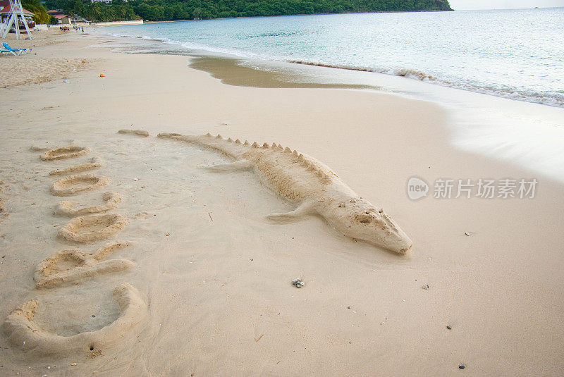 沙子雕塑;海滩上的鳄鱼