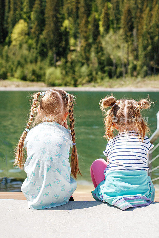 小孩子们坐着看湖和森林。概念童年，生活方式，度假，旅游。