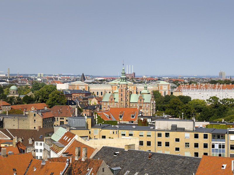 丹麦,哥本哈根,天际线。高角度的哥本哈根。全球定位系统(gps)标记