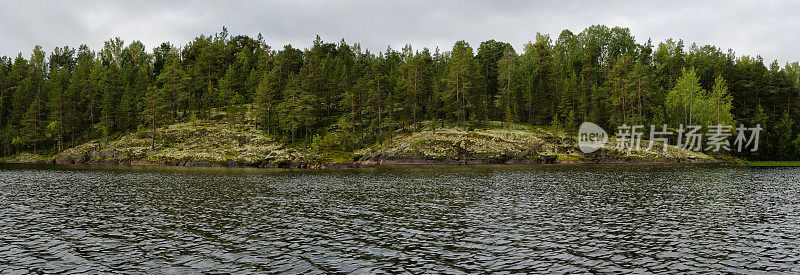 湖的石岸全景。混交林生长在石块上。