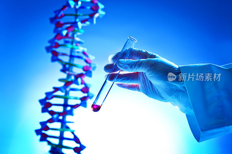 手握化学溶液试管在生物化学DNA研究实验室