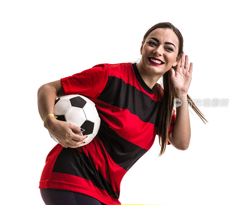 足球女子女子在红色和黑色制服孤立的白色背景
