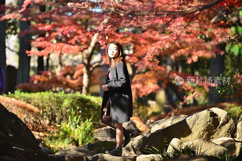 年轻的日本女人走在踏石上穿过东京的小溪