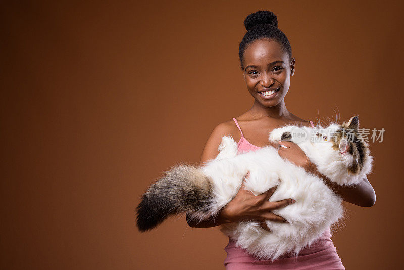 工作室拍摄的年轻美丽的非洲祖鲁妇女抱着可爱的猫在彩色的背景