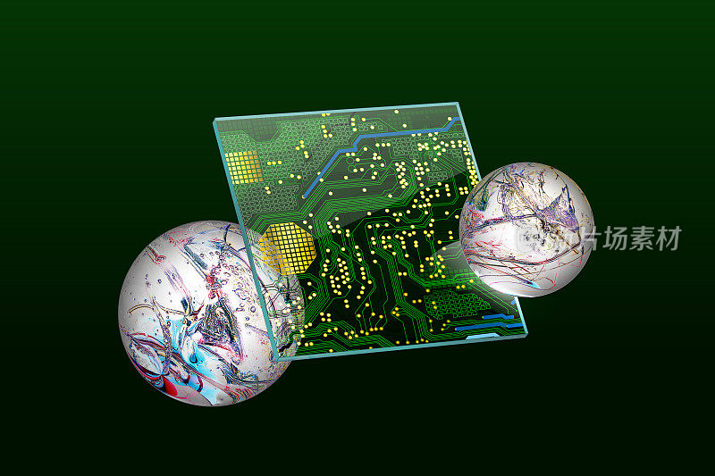 电子电路、电池和分子显示在透明的电脑平板上。合成生物学与纳米技术的合作。